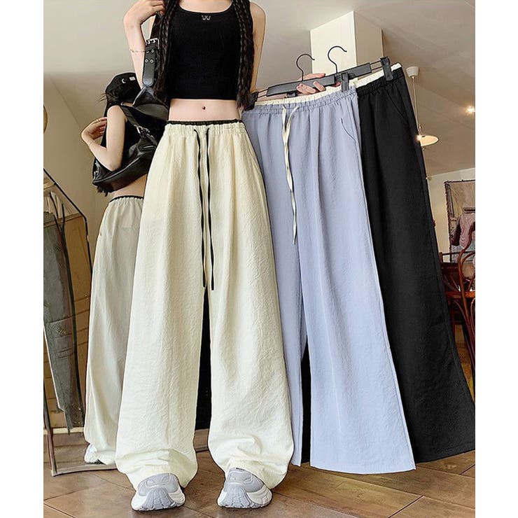 ハイウエストパンツ配色ウエスト 冷感タッチとろみパンツ 体型カバーストレートパン… | SUNSHINE CLOSET | 詳細画像2 