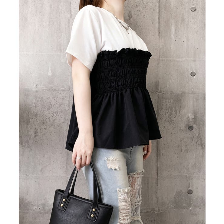 異素材切り替えトップスレディース ビスチェレイヤード風Tシャツ ペプラムトップス… | SUNSHINE CLOSET | 詳細画像15 