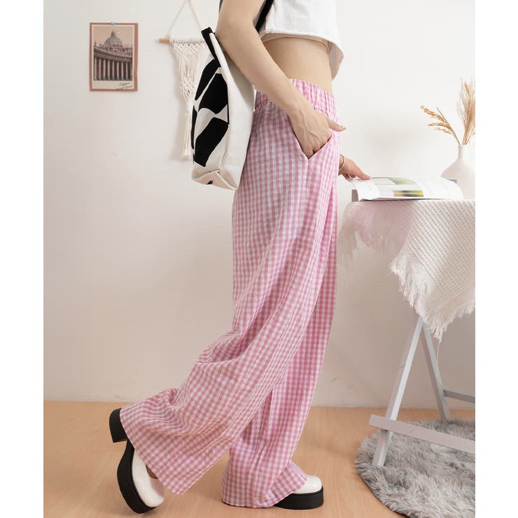 チェック柄ワイドパンツ ハイウエスト薄手 | SUNSHINE CLOSET | 詳細画像25 