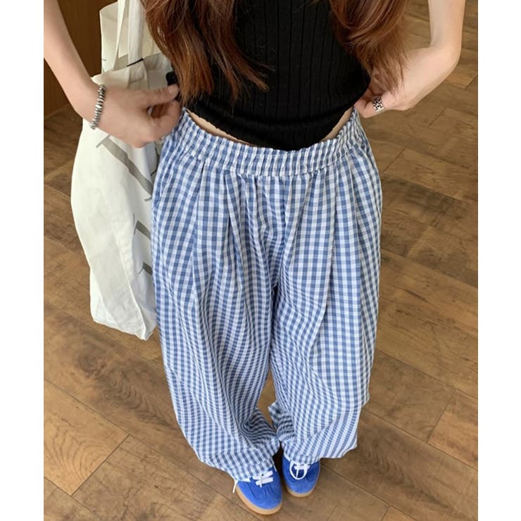 チェック柄ワイドパンツ ハイウエスト薄手 | SUNSHINE CLOSET | 詳細画像9 