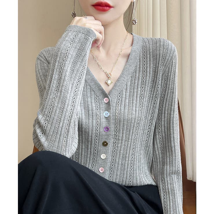 レディース カラーボタンパンチングニットカーデ 大人可愛いサマーニット羽織りきれ… | SUNSHINE CLOSET | 詳細画像1 