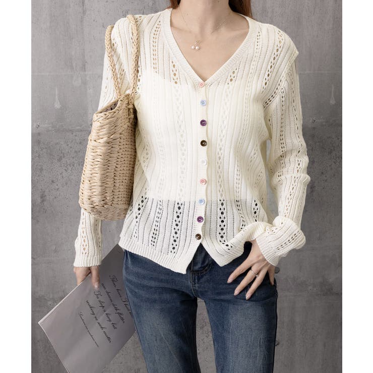 レディース カラーボタンパンチングニットカーデ 大人可愛いサマーニット羽織りきれ… | SUNSHINE CLOSET | 詳細画像11 