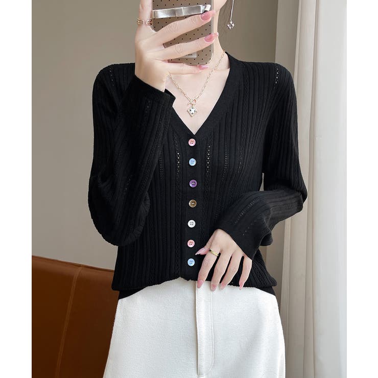 レディース カラーボタンパンチングニットカーデ 大人可愛いサマーニット羽織りきれ… | SUNSHINE CLOSET | 詳細画像4 
