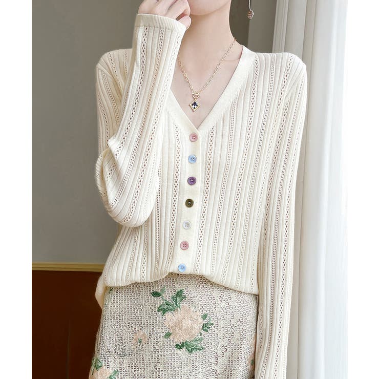 レディース カラーボタンパンチングニットカーデ 大人可愛いサマーニット羽織りきれ… | SUNSHINE CLOSET | 詳細画像7 