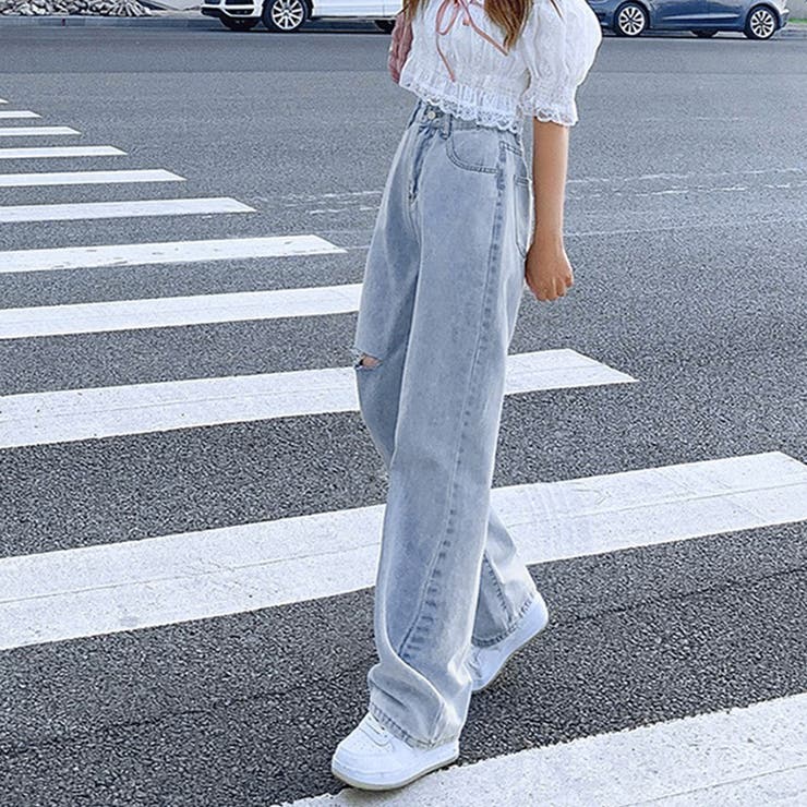 ダメージデニムとロゴトップセット♡ デニムダメージデザインセットアップ | ecrea