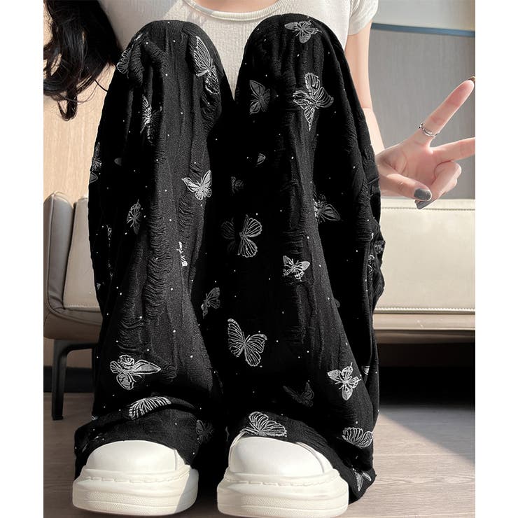 蝶柄ワイドパンツ ダメージロングパンツ夏 | SUNSHINE CLOSET | 詳細画像5 