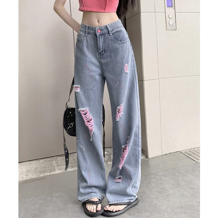 ピンク ダメージデニムパンツ レディース[品番：AGCW0005585