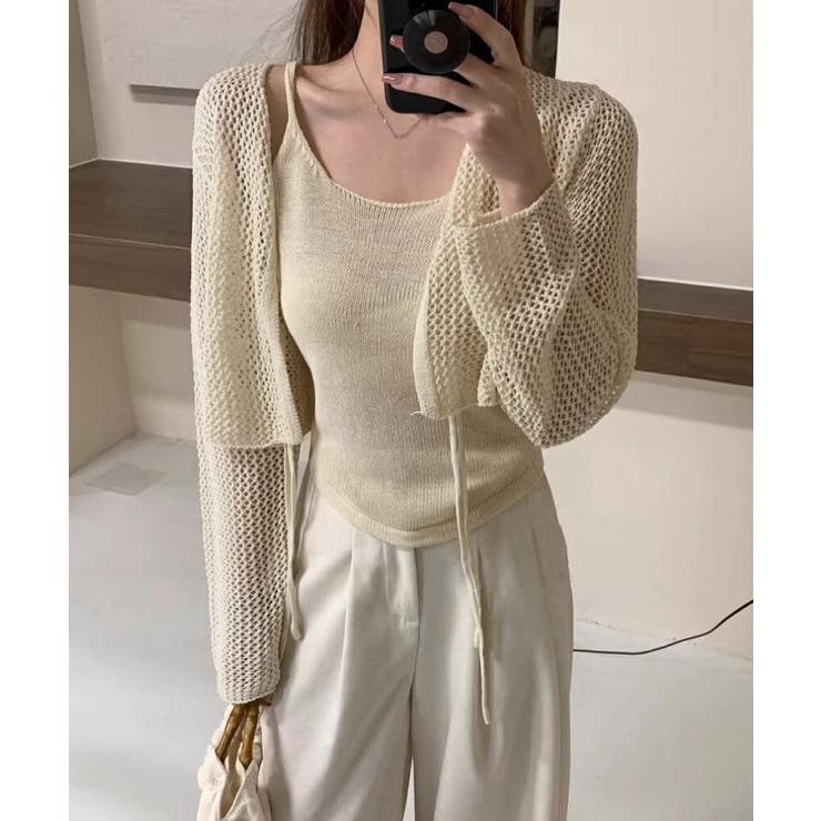 Uネックニットキャミ 透かし編みカーディガン 薄手ニットアンサンブル | SUNSHINE CLOSET | 詳細画像2 