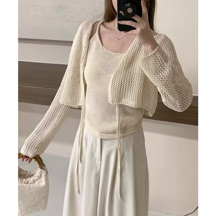 Uネックニットキャミ 透かし編みカーディガン 薄手ニットアンサンブル | SUNSHINE CLOSET | 詳細画像3 