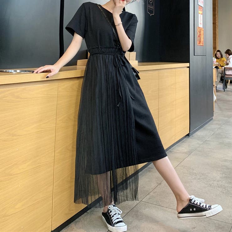チュール付ワンピース レディース Tシャツワンピース[品番