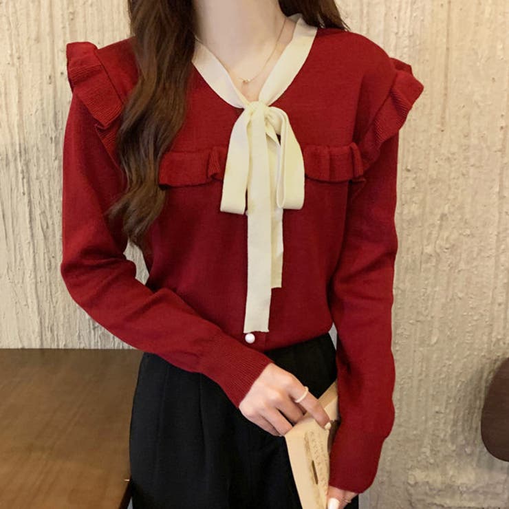 ボウタイニットトップス レディース 大人[品番：AGCW0003389