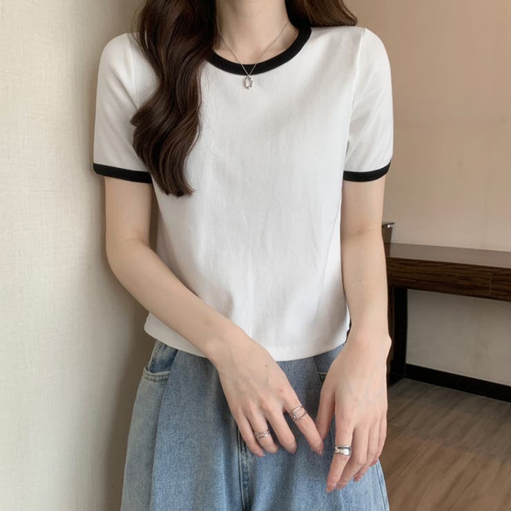 リブ ニットTシャツ レディース韓国半袖[品番：AGCW0003189 