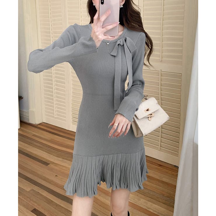 プリーツ裾 長袖リブニットワンピース上品 | SUNSHINE CLOSET | 詳細画像1 