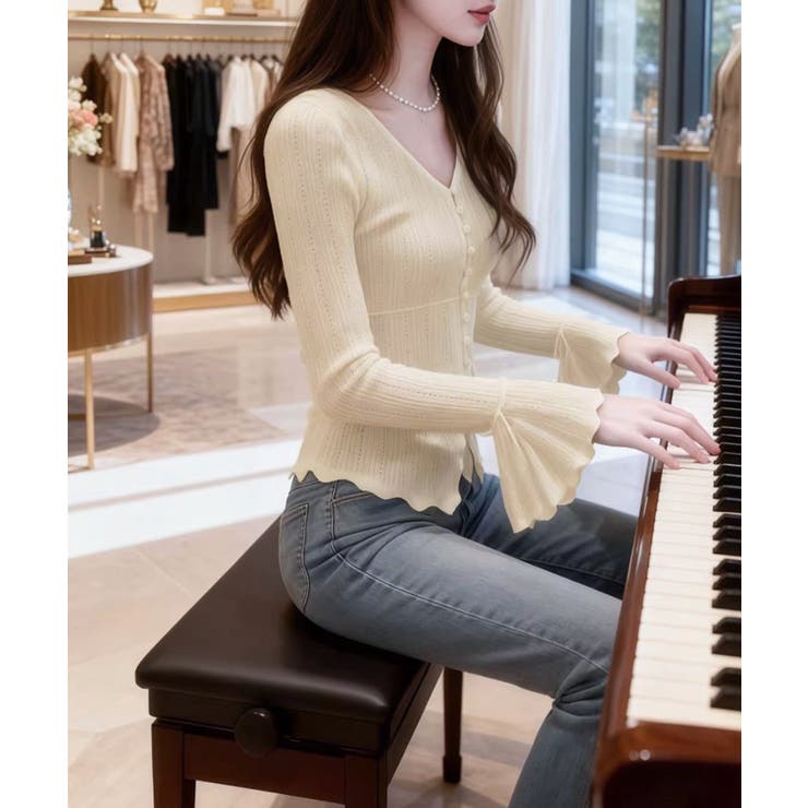 韓国風前開きニットトップスレディース 薄手ニットカーディガンVネック フロントボ… | SUNSHINE CLOSET | 詳細画像10 