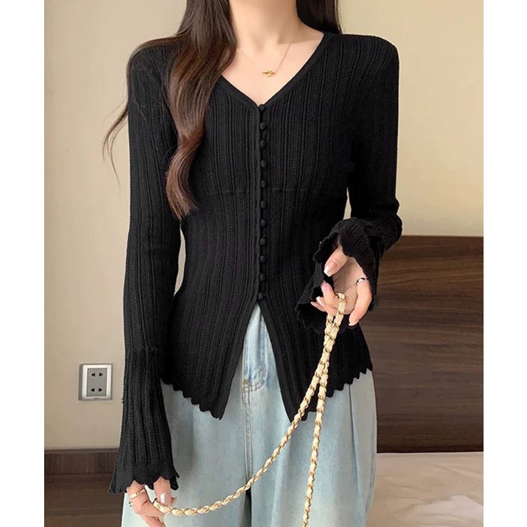 韓国風前開きニットトップスレディース 薄手ニットカーディガンVネック フロントボ… | SUNSHINE CLOSET | 詳細画像12 