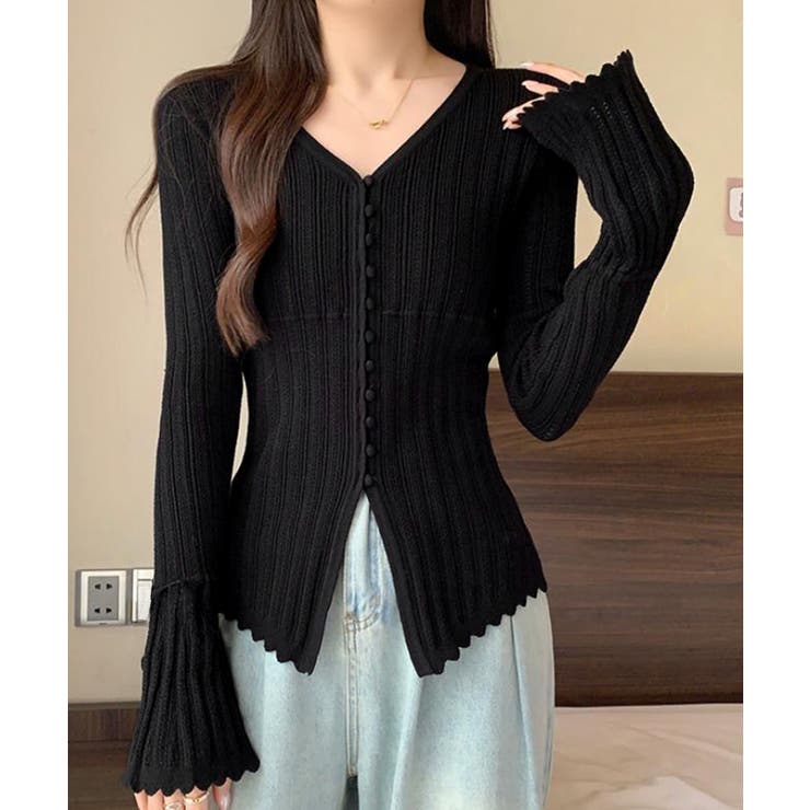 韓国風前開きニットトップスレディース 薄手ニットカーディガンVネック フロントボ… | SUNSHINE CLOSET | 詳細画像6 