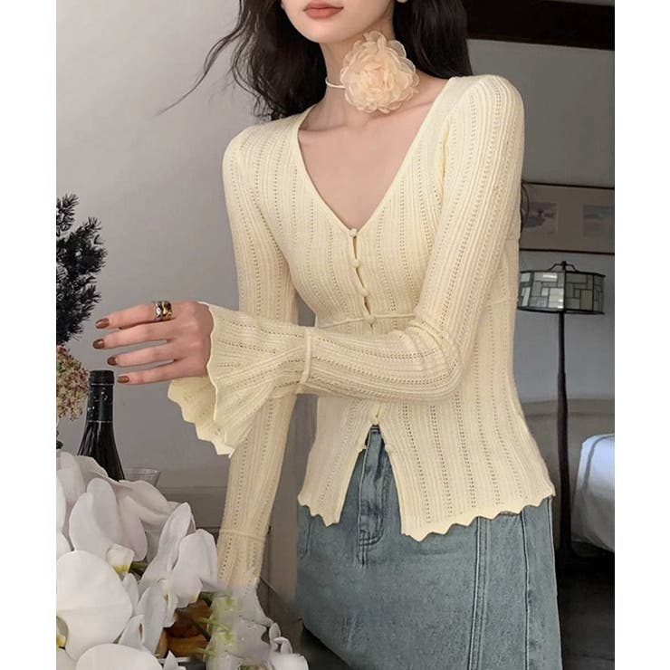 韓国風前開きニットトップスレディース 薄手ニットカーディガンVネック フロントボ… | SUNSHINE CLOSET | 詳細画像9 