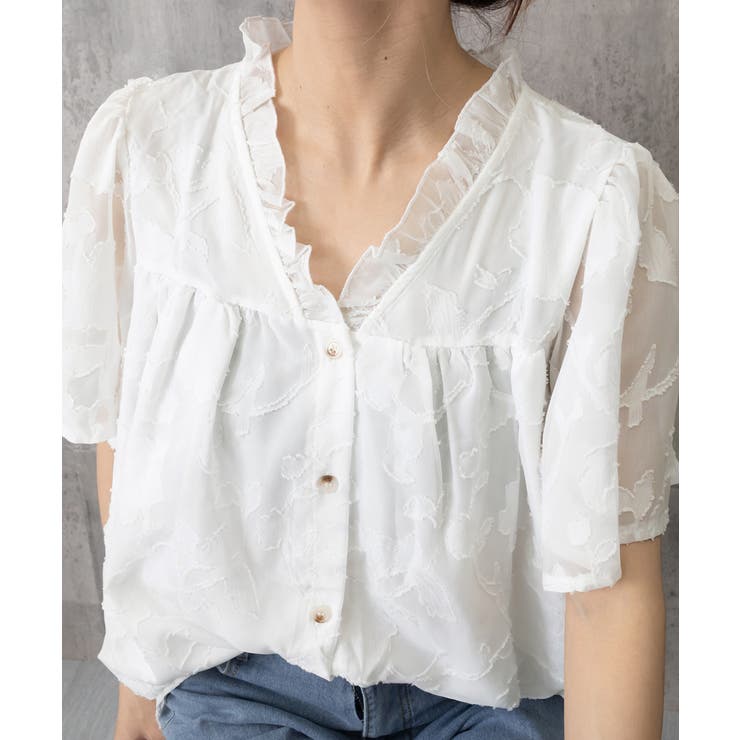 Vネックフリルブラウス 花柄刺しゅう夏服【ゆうパケット】 Vネックフリルブラウス 花柄刺しゅう夏服[品番：AGCW0006715