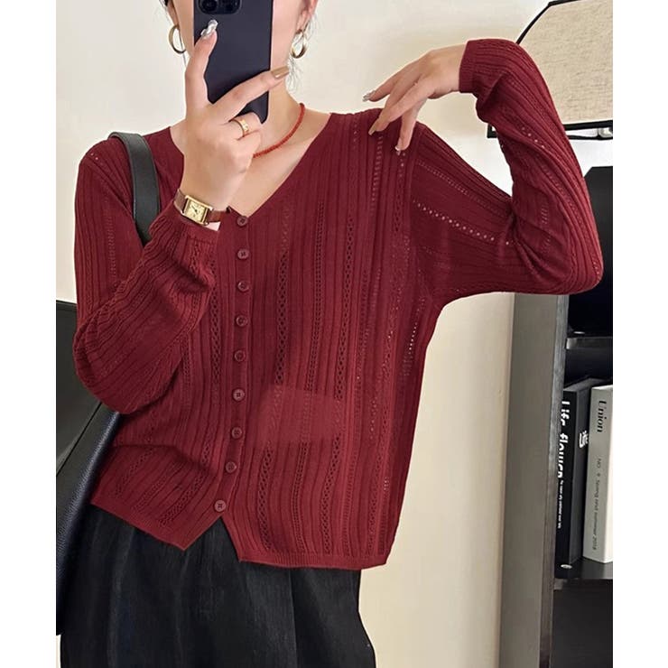 Vネック羽織り 透かし編みニット 程よい透け感前開きサマーニット | SUNSHINE CLOSET | 詳細画像11 