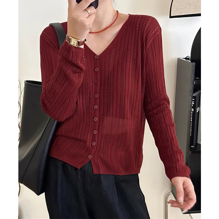 Vネック羽織り 透かし編みニット 程よい透け感前開きサマーニット | SUNSHINE CLOSET | 詳細画像12 