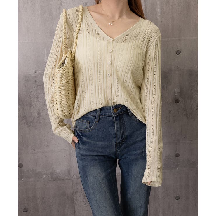 Vネック羽織り 透かし編みニット 程よい透け感前開きサマーニット | SUNSHINE CLOSET | 詳細画像16 