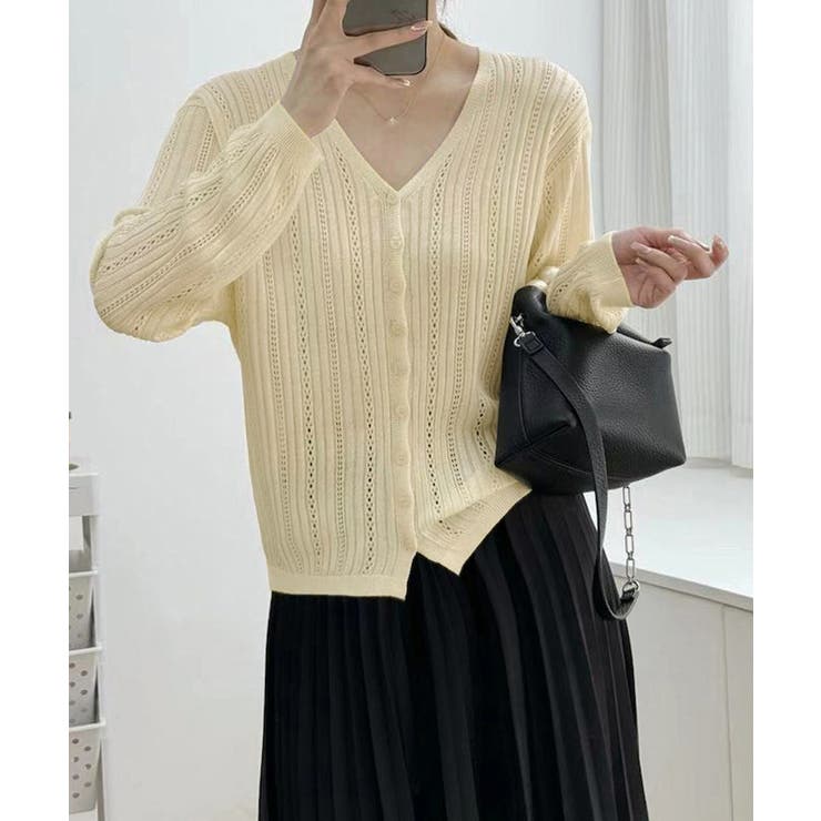 Vネック羽織り 透かし編みニット 程よい透け感前開きサマーニット | SUNSHINE CLOSET | 詳細画像3 