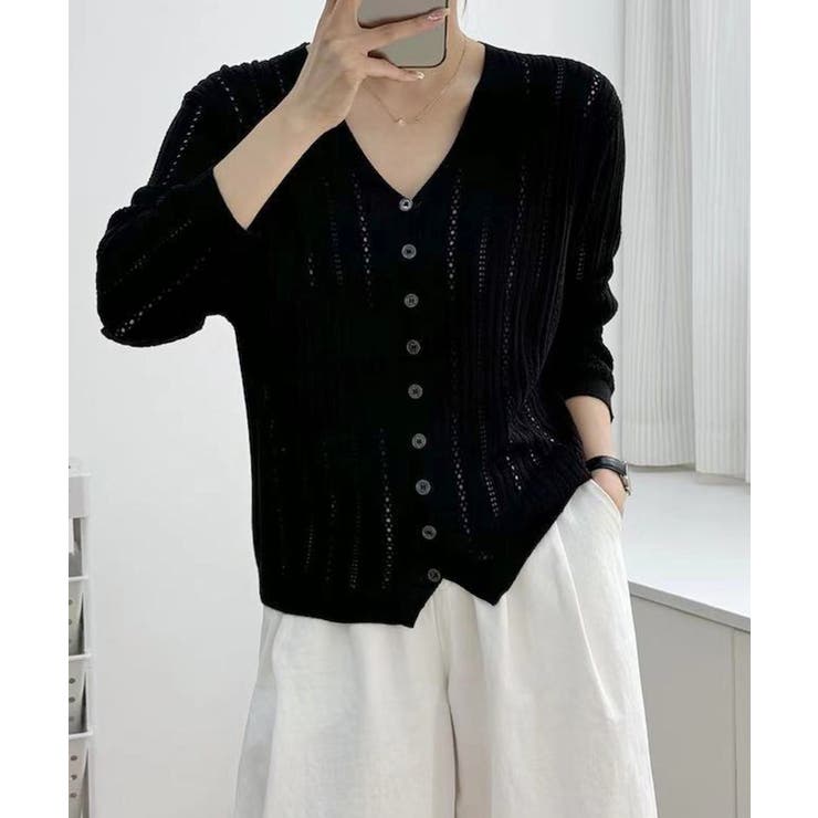 Vネック羽織り 透かし編みニット 程よい透け感前開きサマーニット | SUNSHINE CLOSET | 詳細画像4 