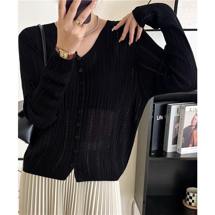 Vネック羽織り 透かし編みニット 程よい透け感前開きサマーニット | SUNSHINE CLOSET | 詳細画像5 