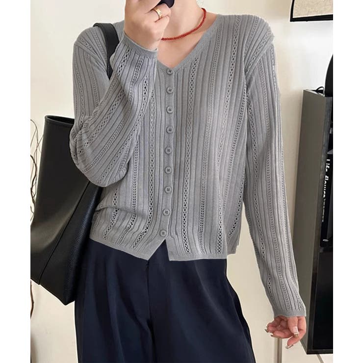 Vネック羽織り 透かし編みニット 程よい透け感前開きサマーニット | SUNSHINE CLOSET | 詳細画像6 