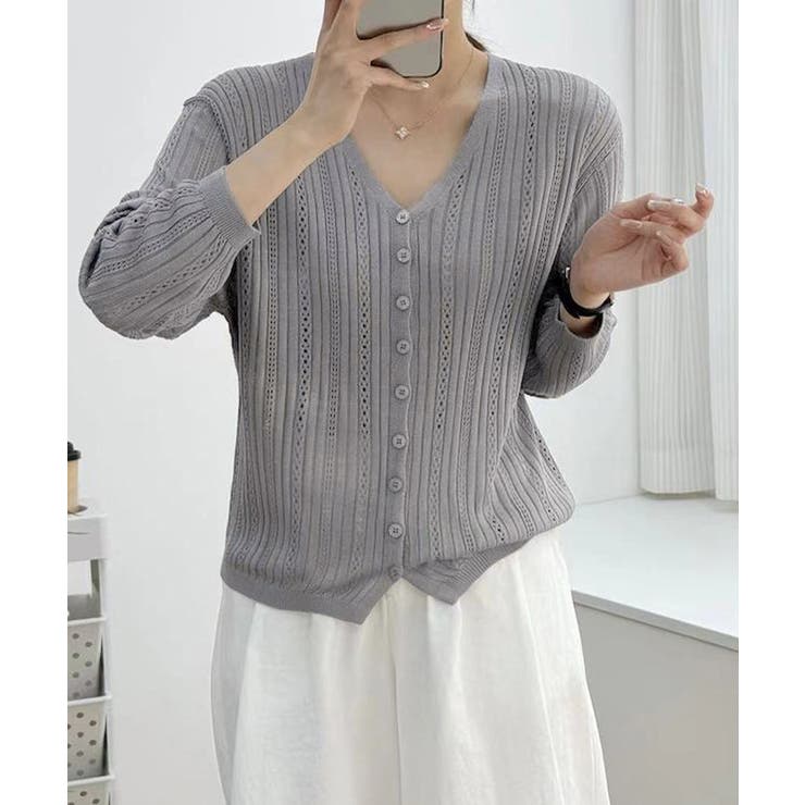 Vネック羽織り 透かし編みニット 程よい透け感前開きサマーニット | SUNSHINE CLOSET | 詳細画像7 