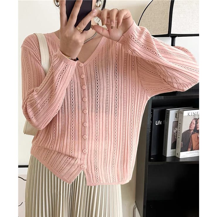 Vネック羽織り 透かし編みニット 程よい透け感前開きサマーニット | SUNSHINE CLOSET | 詳細画像8 