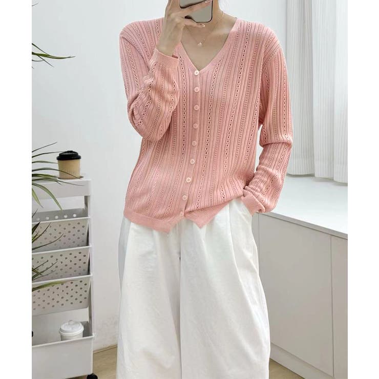 Vネック羽織り 透かし編みニット 程よい透け感前開きサマーニット | SUNSHINE CLOSET | 詳細画像9 