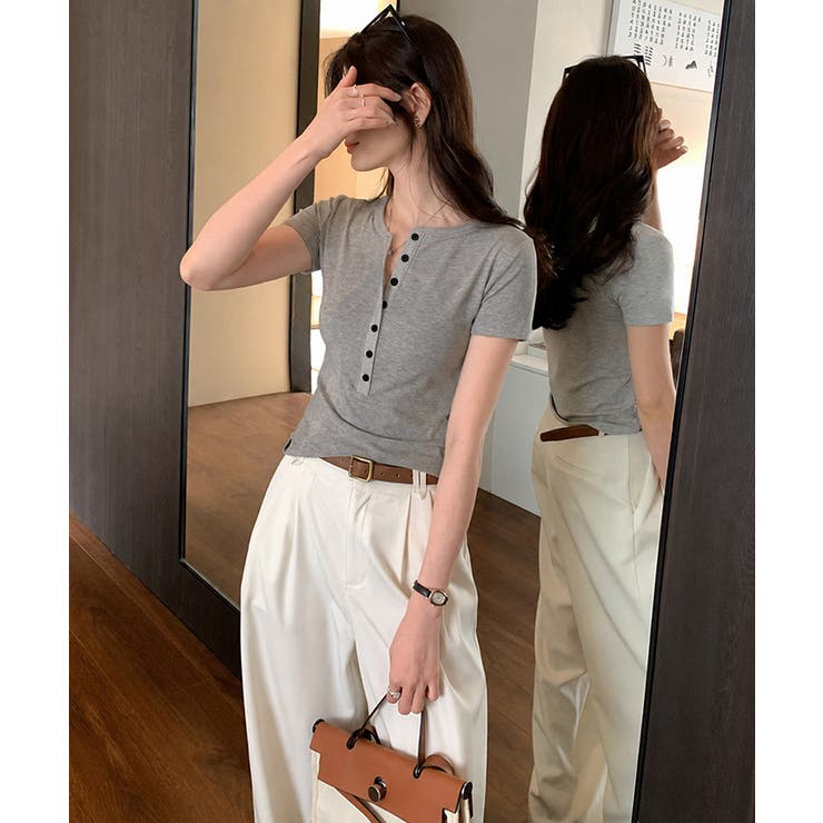 フロントボタンtシャツレディース クルーネックtシャツ きれいめカジュアル | SUNSHINE CLOSET | 詳細画像4 