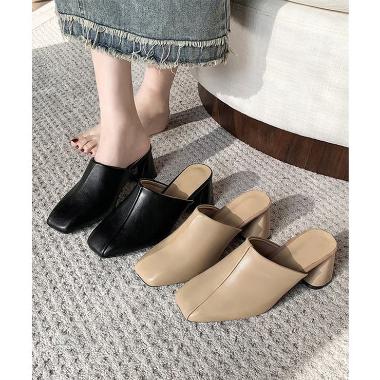 ミュールパンプス 太ヒール靴スクエアトゥ[品番：AGCW0006287