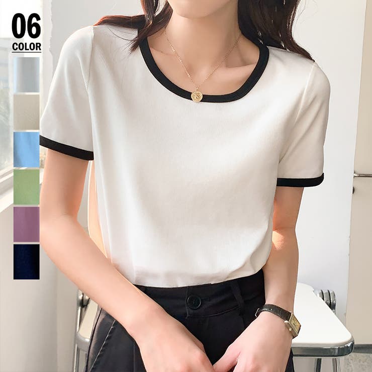 リブ ニットTシャツ レディース韓国半袖[品番：AGCW0003189 
