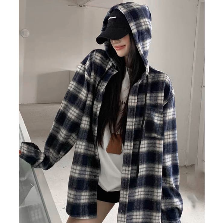 微起毛BIGフードシャツ オーバーサイズシャツジャケット ミディアム丈レトロチェ… | SUNSHINE CLOSET | 詳細画像1 