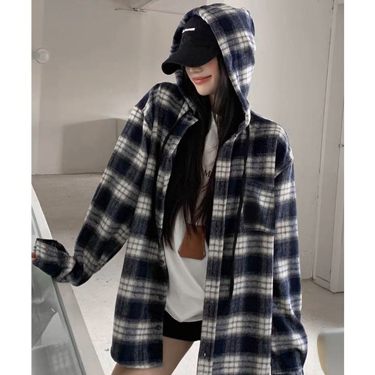 チェック柄フーデッドシャツレディース秋冬 | SUNSHINE CLOSET | 詳細画像1 