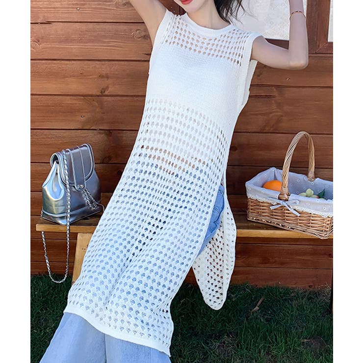 透かし編みロングベストサイドスリット夏服[品番：AGCW0006717