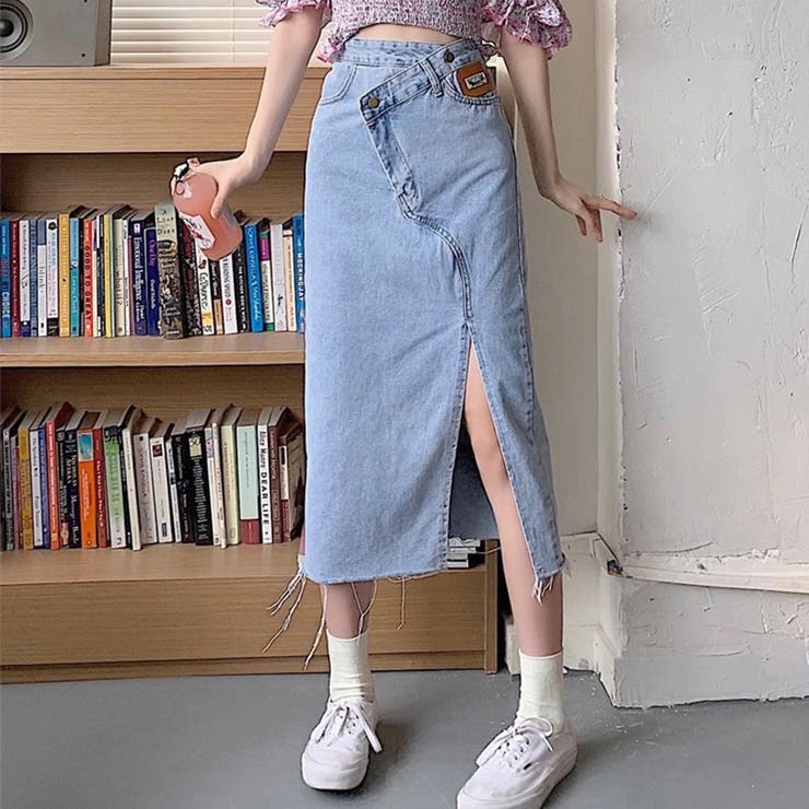 デニムスカート ウエストレイヤード風美脚[品番：AGCW0003856