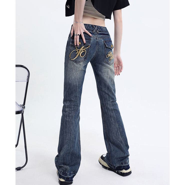 レトロ風ブーツカットデニム美脚脚長 ローライズベルボトム 足長見え | SUNSHINE CLOSET | 詳細画像1 