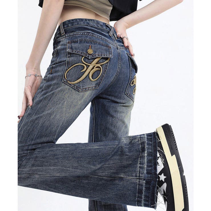 レトロ風ブーツカットデニム美脚脚長 ローライズベルボトム 足長見え | SUNSHINE CLOSET | 詳細画像1 