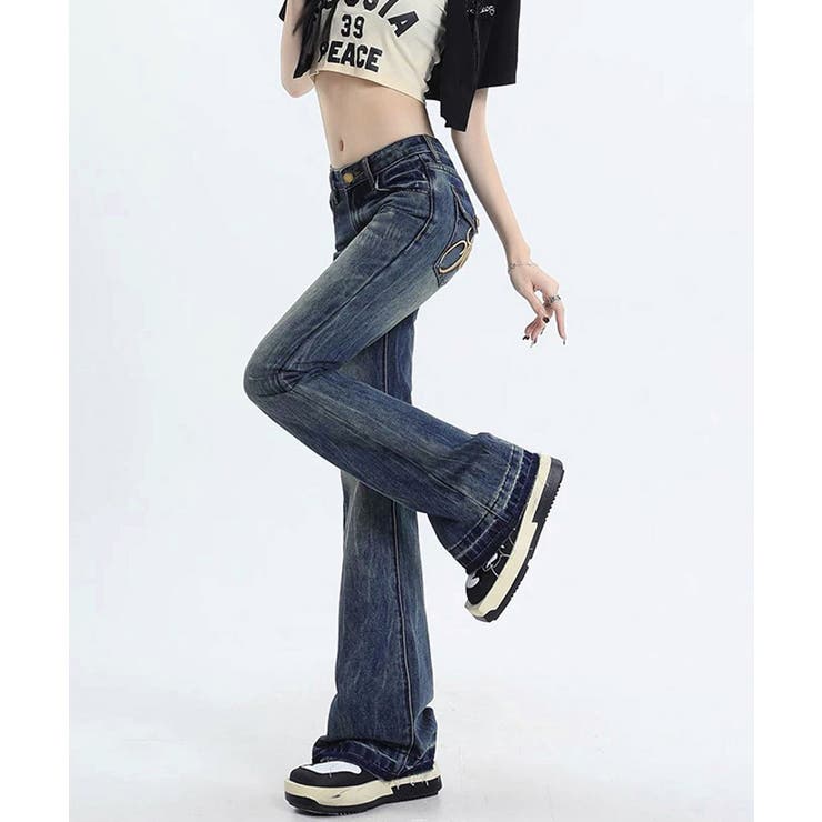 レトロ風ブーツカットデニム美脚脚長 ローライズベルボトム 足長見え | SUNSHINE CLOSET | 詳細画像4 