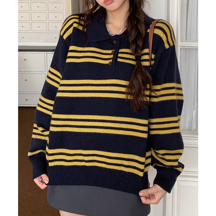 レトロ マルチボーダーポロニットレディース 長袖セーターゆったり大人カジュアル韓… | SUNSHINE CLOSET | 詳細画像11 