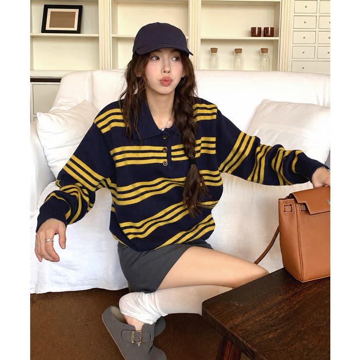 レトロ マルチボーダーポロニットレディース 長袖セーターゆったり大人カジュアル韓… | SUNSHINE CLOSET | 詳細画像12 