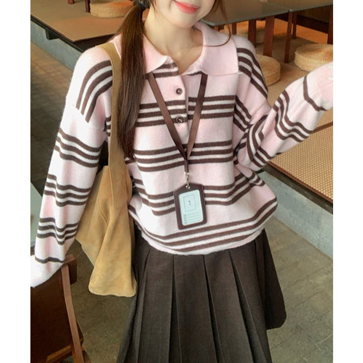 レトロ マルチボーダーポロニットレディース 長袖セーターゆったり大人カジュアル韓… | SUNSHINE CLOSET | 詳細画像16 