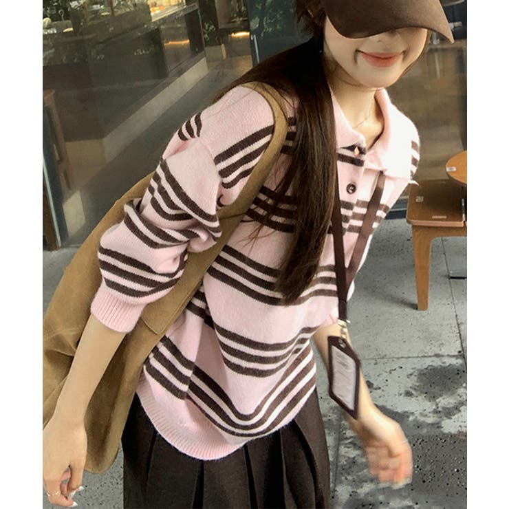 レトロ マルチボーダーポロニットレディース 長袖セーターゆったり大人カジュアル韓… | SUNSHINE CLOSET | 詳細画像18 