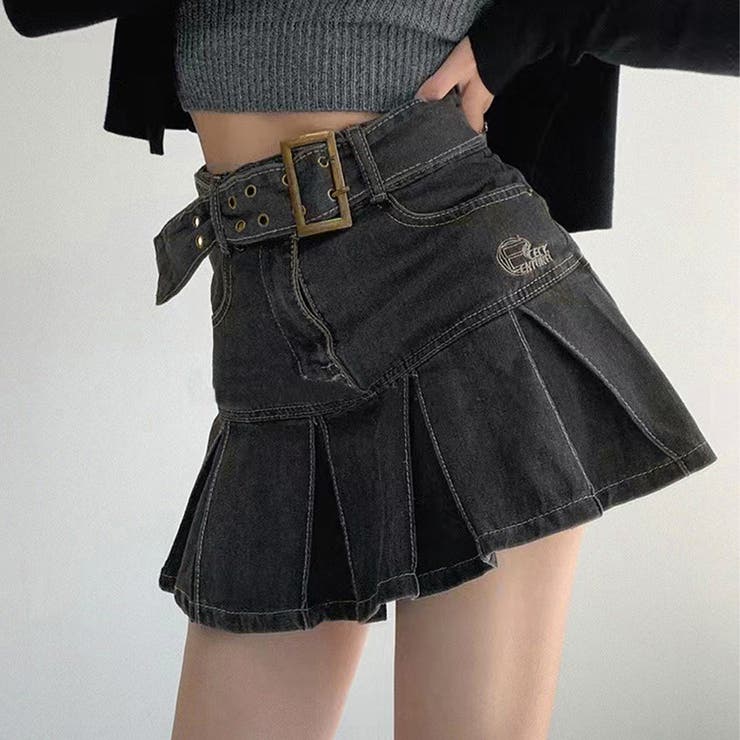 GoToHollywood☆プリーツスカートDENIM&DUNGAREE ミニデニムプリーツスカート ベルト付き[品番:AGCW0004292