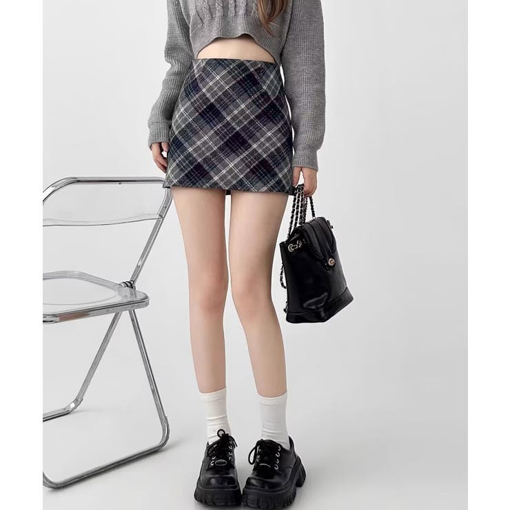 レトロチェック柄ミニスカートハイウエスト[品番：AGCW0006068