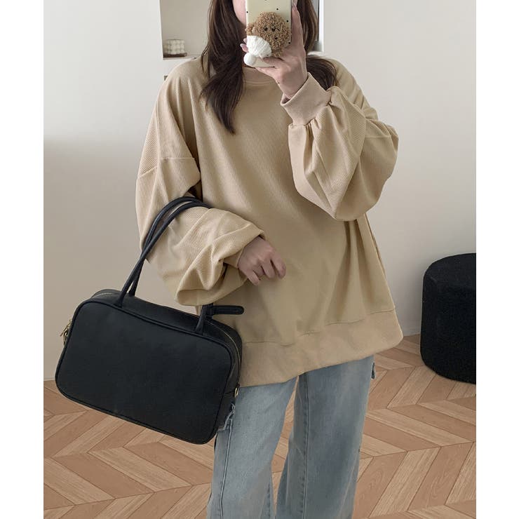 ゆったりクルーネック長袖ワッフルトップスビッグシルエット無地レディース韓国風カジ… | SUNSHINE CLOSET | 詳細画像1 