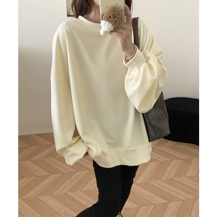 ゆったりクルーネック長袖ワッフルトップスビッグシルエット無地レディース韓国風カジ… | SUNSHINE CLOSET | 詳細画像10 